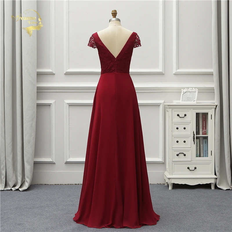 Wine Red Short Sleeves V Neck Lace Chiffon Long Bridesmaid Dress