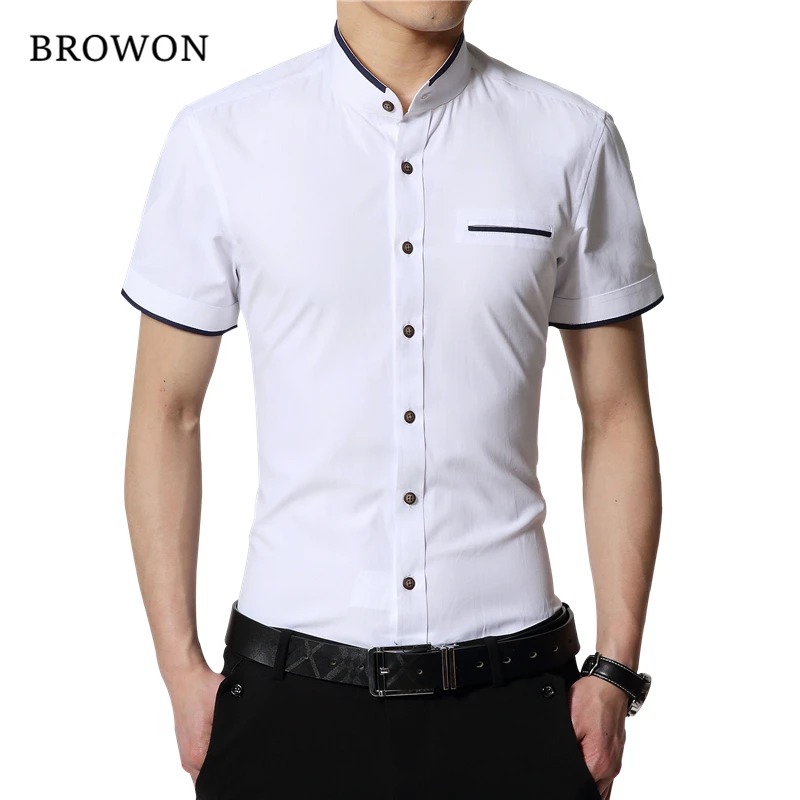 BROWON, фирменная Новинка, модная летняя белая мужская рубашка с коротким рукавом, приталенная рубашка со стоячим воротником, Однотонная рубашка на пуговицах для мужчин