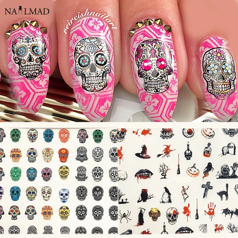 

6pcs Halloween Nail Sticker Sugar Skull Nail Water Decals Set Pumpkin Skull Transfer Sticker Slide