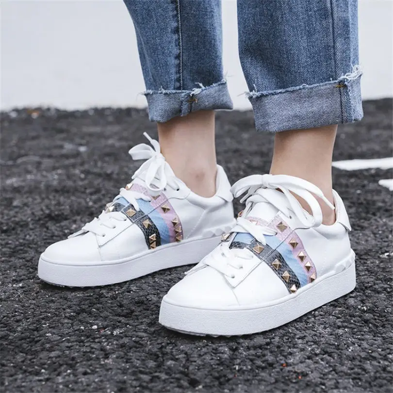 

NAYIDUYUN Genuine Leather Oxfords Shoes Women Shallow Low Heel Party Pumps Shoes Round Toe Rivets Fashion Sneakers Casual Shoes
