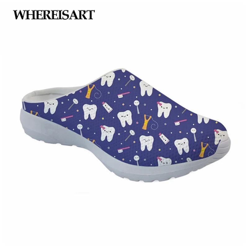 

WHEREISART Women Sandals 2019 Summer Mesh Cartoon Dentists Prints Sandals Female Indoor Slippers Breathable Ladies Slides Mules
