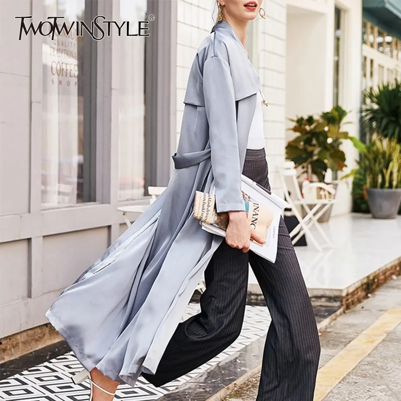 

TWOTWINSTYLE Elegant Solid Windbreaker For Women Lapel Collar Long Sleeve Lace Up Split Coat Female Fashion Clothes 2019 New