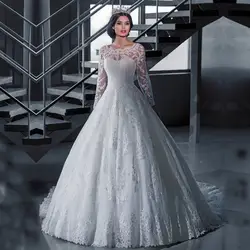 Лидер продаж Vestidos de novia 2017 элегантное платье с О-образным вырезом Белый/Свадебные платья цвета слоновой кости с длинным рукавом свадебное