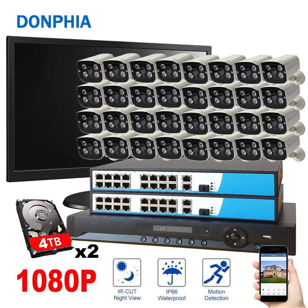 

Security System 32pcs POE Camera 32ch NVR+PoE Switch+2MP IP Camera+8TB HDD+Display Waterproof Night Vision Surveillance System