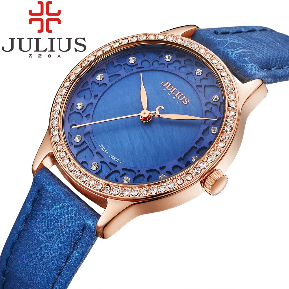 2017 Julius Luxury Brand Watches Women Crystal Rhinestone Ladies Quartz Wristwatches Leather Strap Montre Femme Reloj