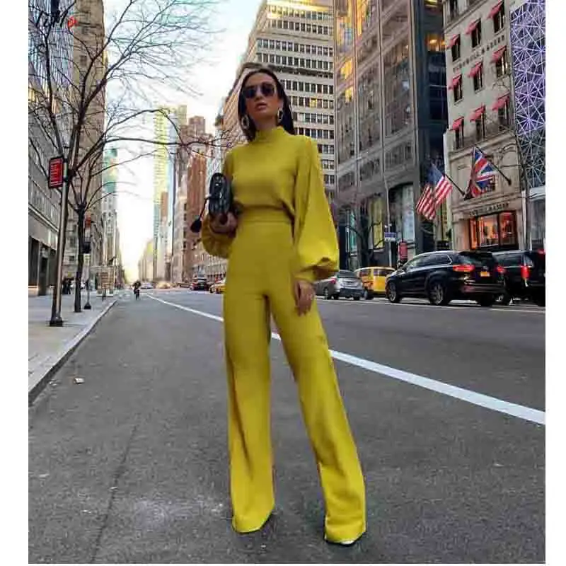 

High Street Boot Cut Spring and summer new half-high collar lantern sleeves simple and elegant OL wind jumpsuit fashion temperam