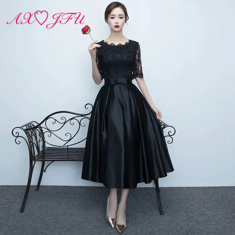 

AXJFU princess black lace flower evening dress party vintage o neck half sleeves bow red long evening dress little black dress