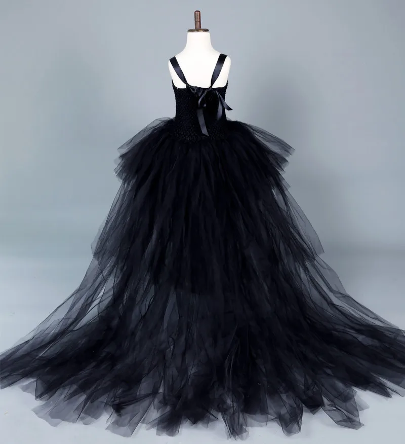 Черное платье-пачка для девочек со шлейфом, фатиновое бальное платье для девочек, детское праздничное платье с цветочным узором для