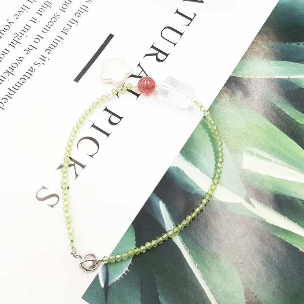 

LiiJi Unique Shining Peridots 2mm,Transparent Crystal,Strawberry Quartzs,Real Pearl Flower 925 Sterling Silver Bracelet