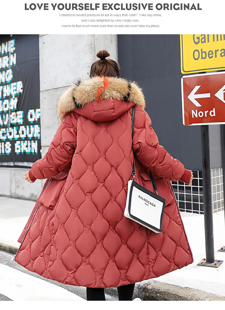 Большой меховой воротник из меха енота, украшенный ромбовидным узором, зимний женский пуховик, плотное хлопковое пальто с капюшоном, Женская куртка