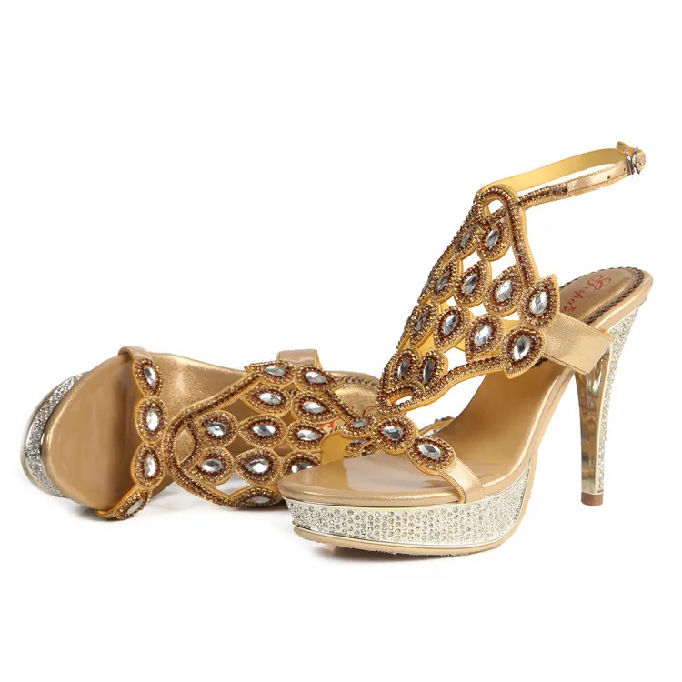 Women Elegant Fashion Platform Diamond Sexy High Heeled Ladies Crystal Sandals Gold Peep Toe Shoes Wedding12
