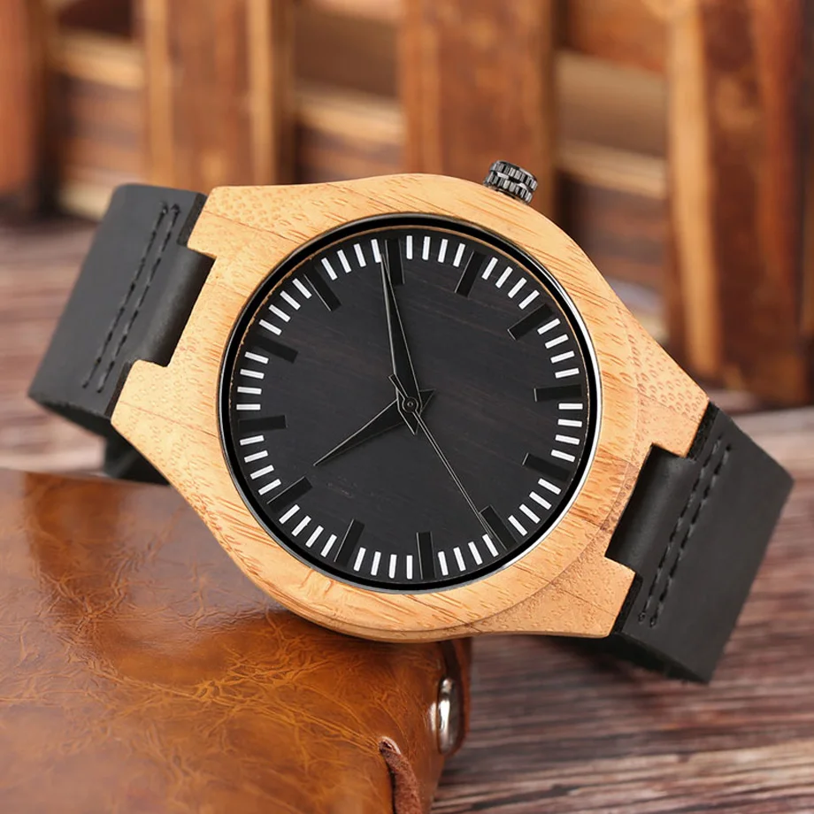 Top Quality Luxury Men's Natural Wood Watches Black Genuine Leather Band Quartz-watch Male Sports Analog Reloj de madera Gift (9)