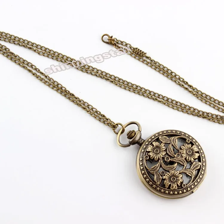 Античная бронзовая цветок карманные часы Цепочки и ожерелья кулон с Чиан женские подарки Карманный Брелок часы Relogio де Bolso