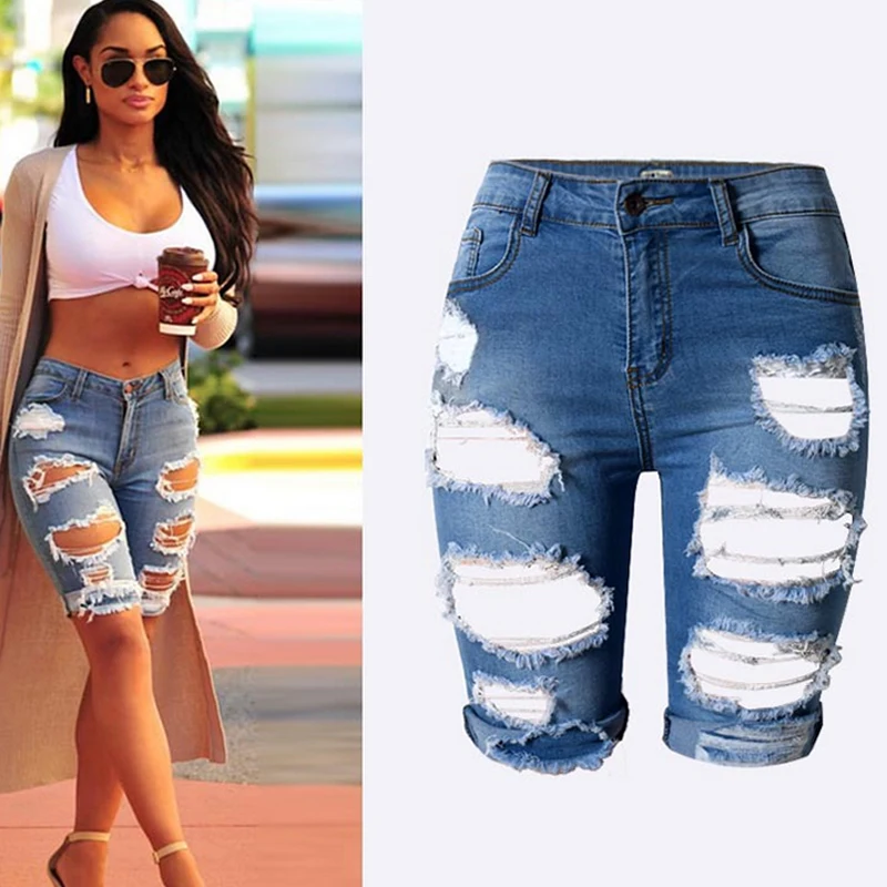 Knee Length Ripped Jeans for Women Holes Plus Size Denim Shorts ...