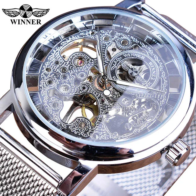 Winner нержавеющая сталь сетчатый ремешок прозрачный Классический Тонкий чехол полый Скелет Мужские механические наручные часы лучший бренд класса люкс - Цвет: GMT1111-3Small