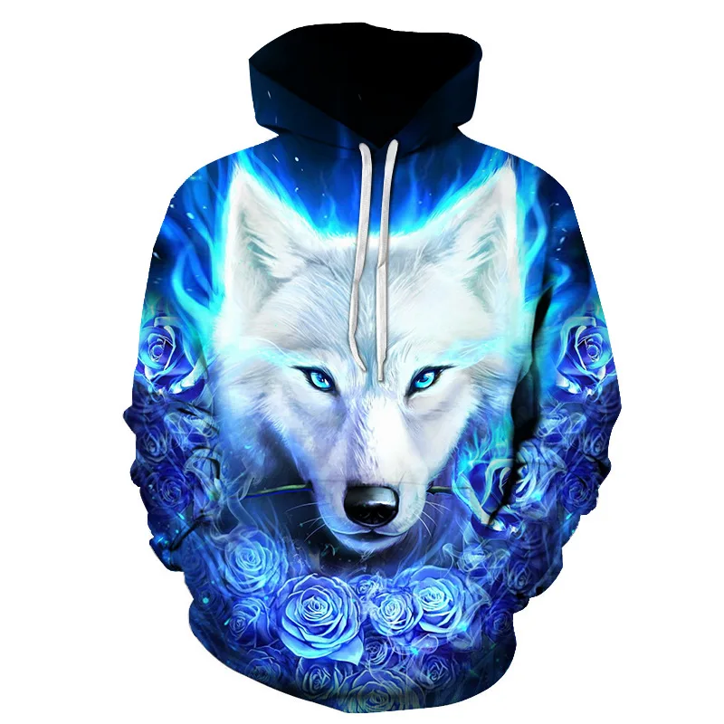  New Wolf head hoodie Men 3D Sweatshirts Blue rose Wolf head pullover Funny Animal print Hoodies Har