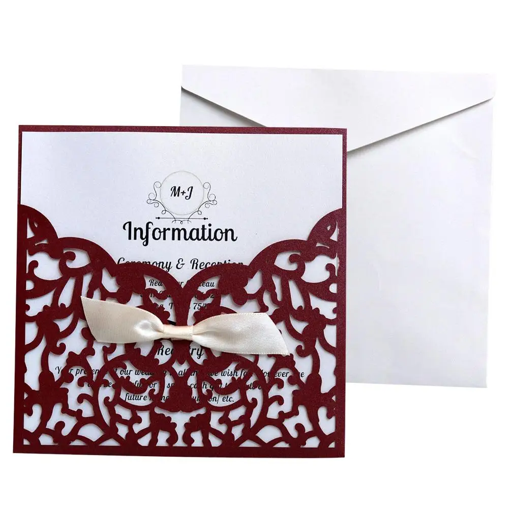  10PCS European style Laser Cut Flower with Bowknot Wedding Invitations Cards Lace Pocket Greeting C - 32909876998