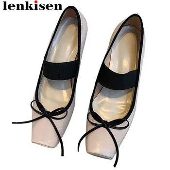 

Lenkisen 2019 full grain leather bowtie slip on ballet shoes classic square toe large size comfortable dancer grandma flats L8f2