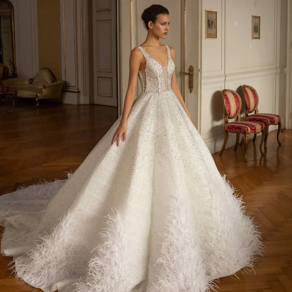 Eslieb высокого класса на заказ v-образным вырезом полный бисер и перья бальное платье свадебное платье свадебное платье es Vestido de Noiva