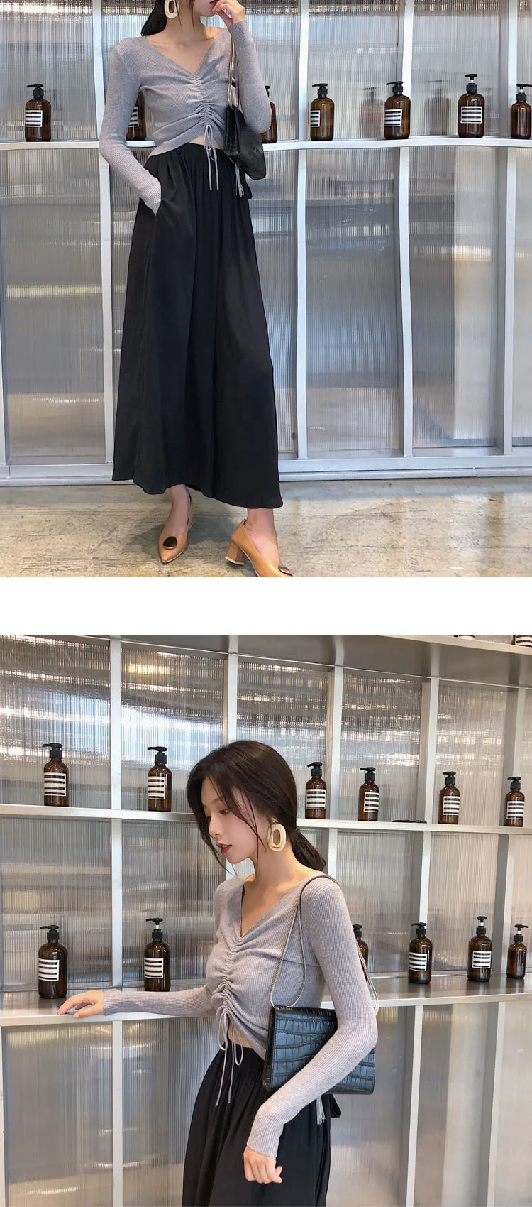 AOSSVIAO Sexy lace up knitting pullover top Fashion autumn winter sweater women Chic pink V-neck knit slim jumper pull femme