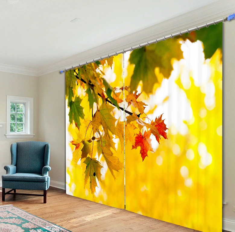 Gold Maple Leaf 3D Digital Print Stereo Reduction Soundproof Curtain High Precision | Дом и сад