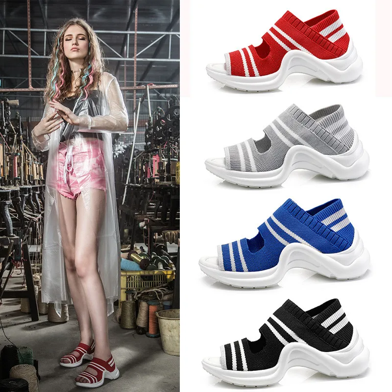 

2019 Summer New Casual Wedge Platform Shoes Woman Female Peep Toe Sport Sandals Stretch Cloth Stitching Women Sandals Shoes