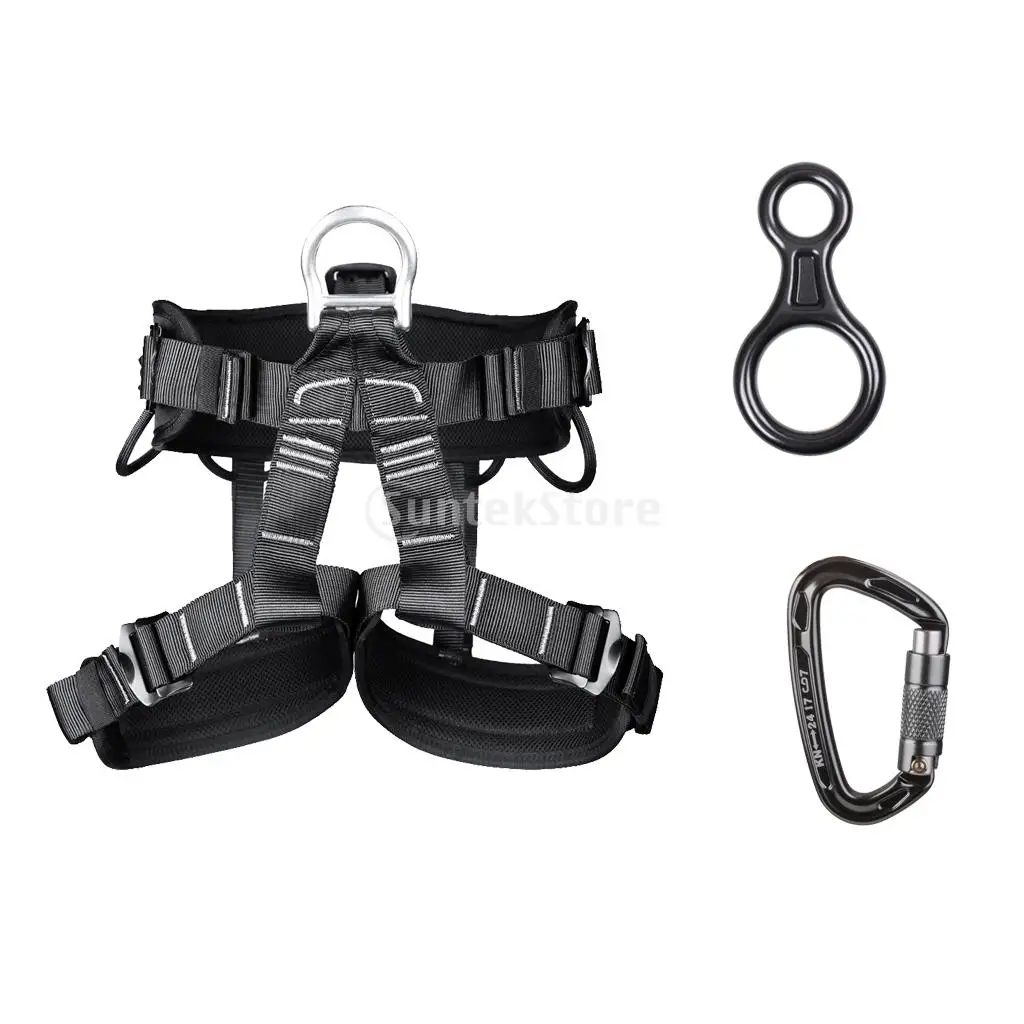 

Safety Climbing Seat Harness + Carabiner 24KN + Figure 8 Rappel Device 35KN