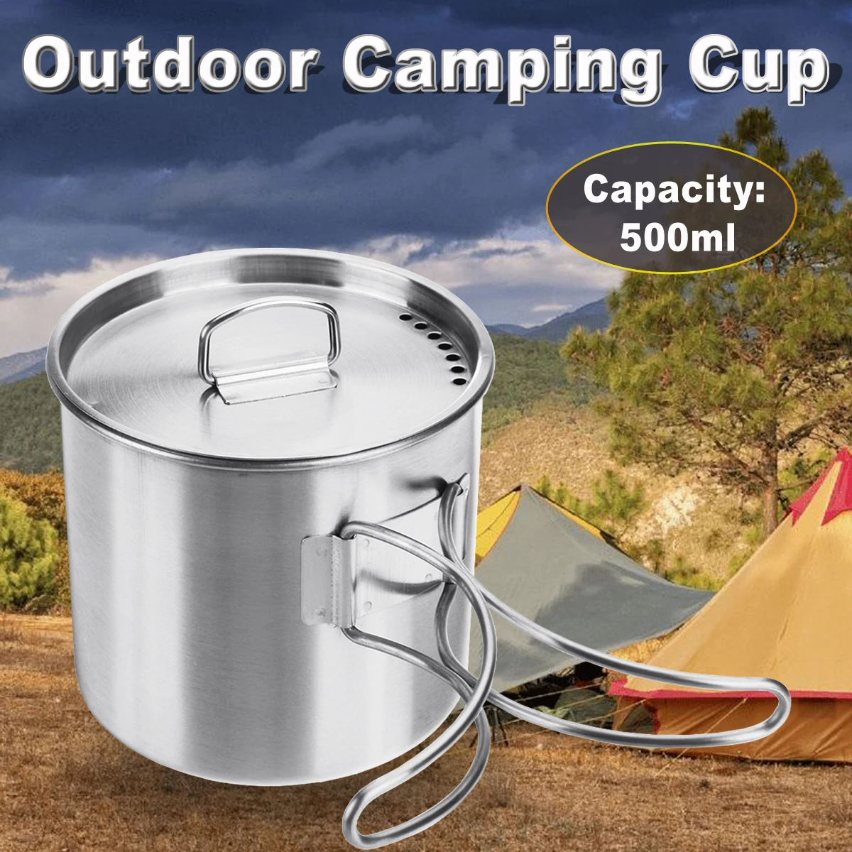 

500ml Stainless Steel Water Mug Cup with Lid and Foldable Handle Outdoor Camping Pot Cooking Pots Picnic Hang Pot