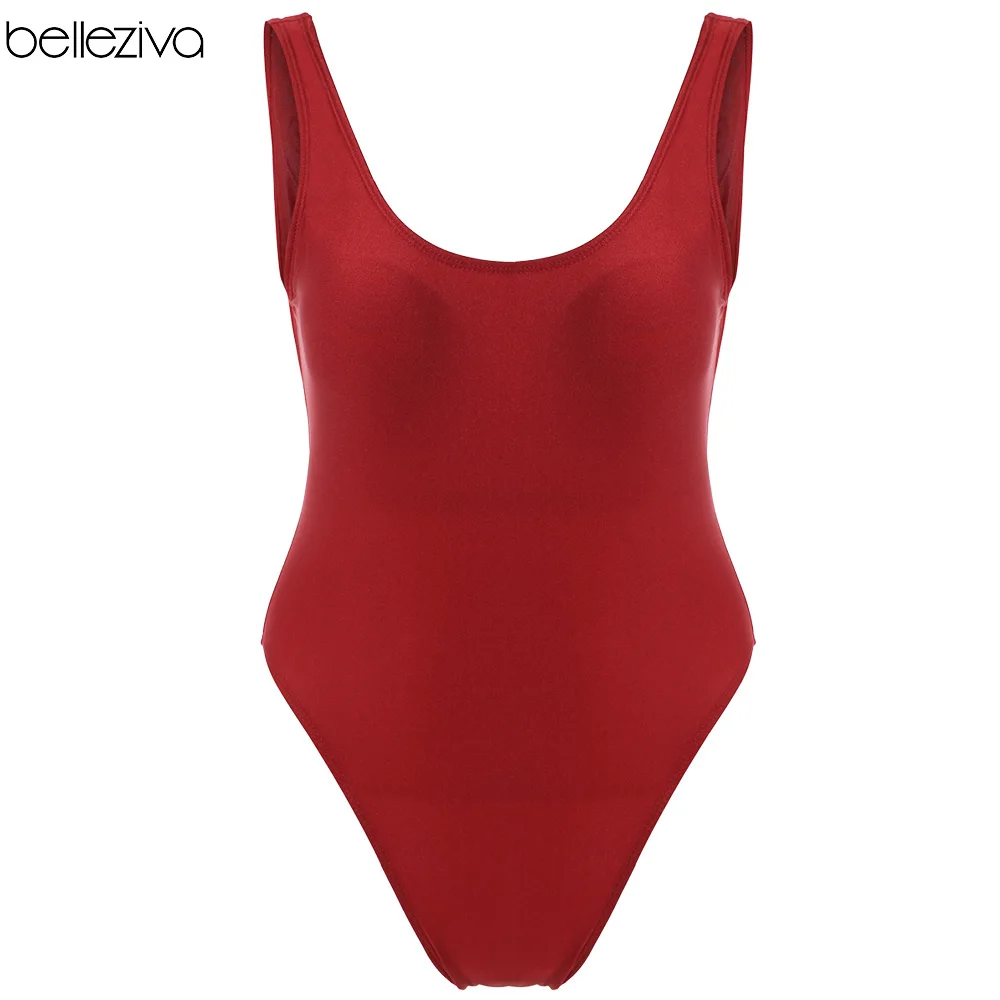 Belleziva, сексуальный u-образный вырез, с оборками, с высокой спинкой, сдельный Купальник для женщин, Одноцветный купальник, монокини, купальный костюм - Цвет: Red