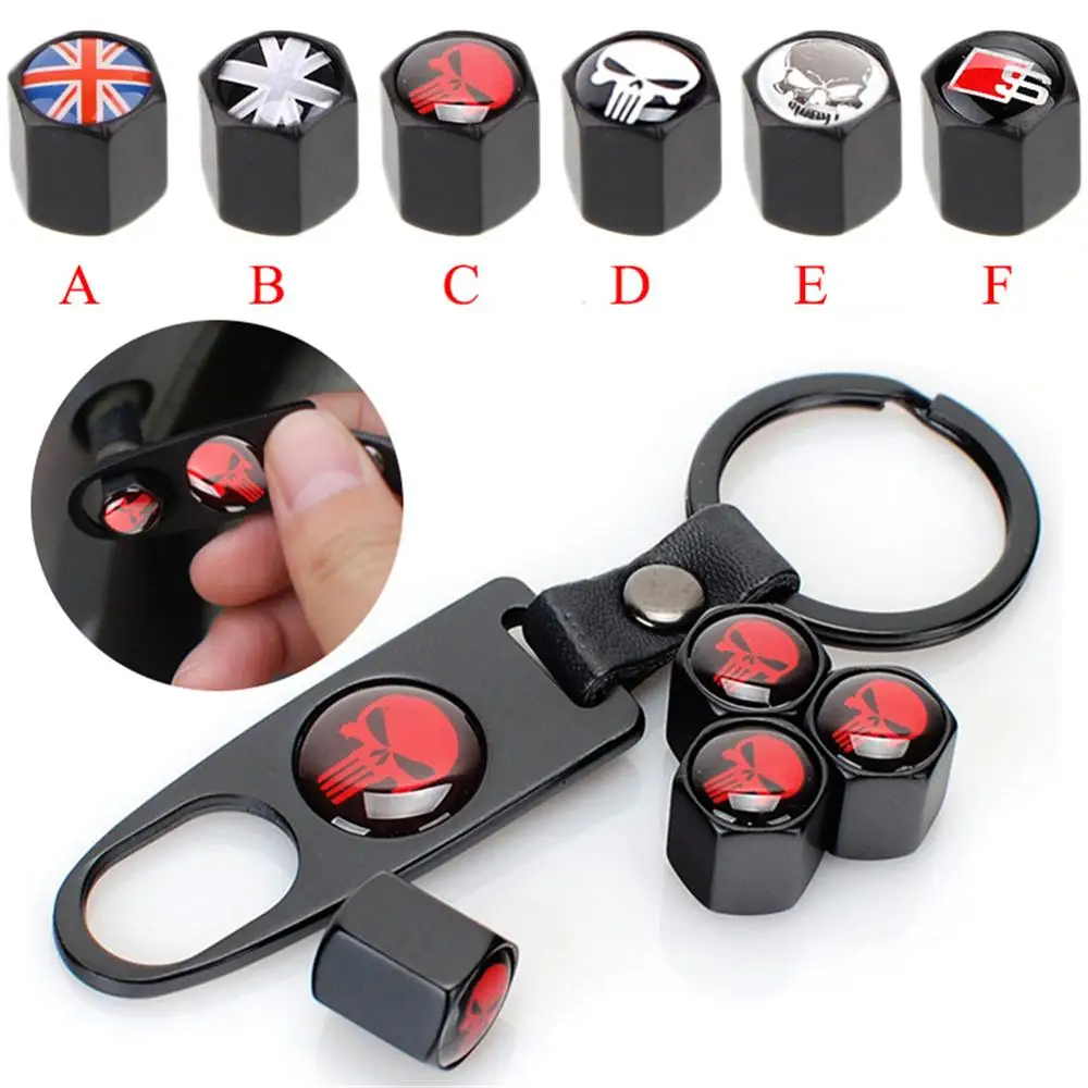 

New High Quality Car Wheel Tyre Tire Stem Air Valve Caps Key Chain Set Skull Punisher Black Car Styling