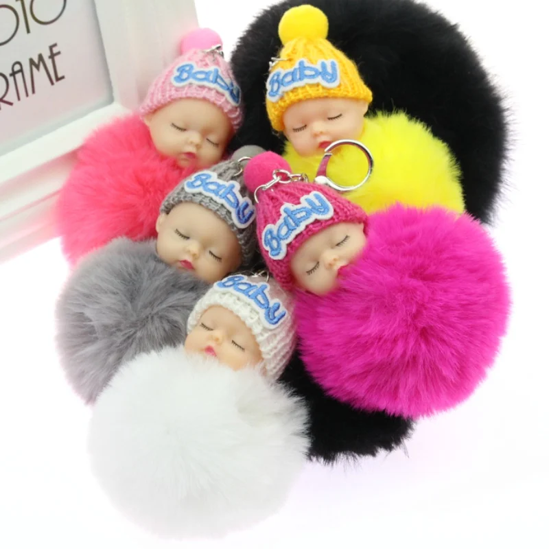 

1Pcs Cute Fluffy Sleeping Baby Keychain Pompom Rabbit Fur Ball Key Chain Car Keyring Women Key Holder Bag Pendant Charm Jewelery