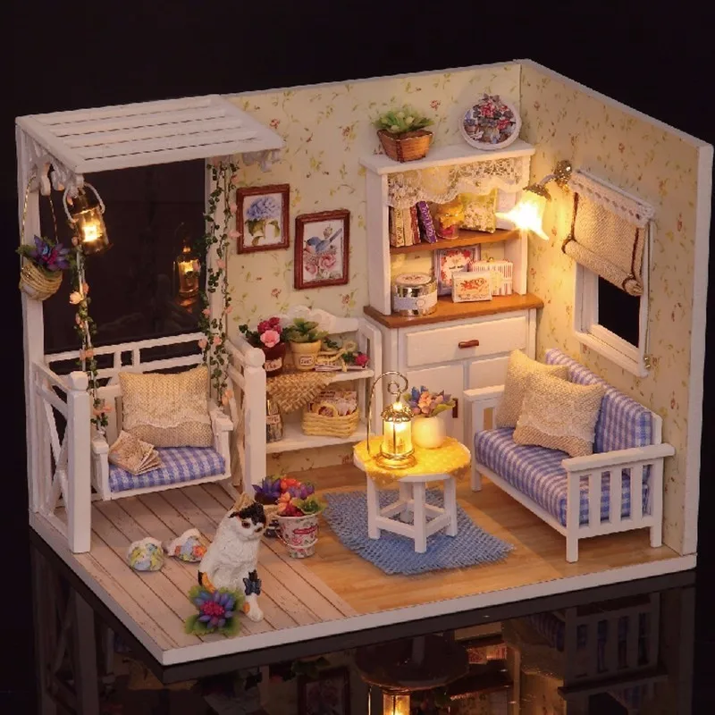 JIMITU Cuteroom 1/24 миниатюрный кукольный домик DIY набор со светодиодный светильник деревянная игрушка кукольный дом комната дневник котенка