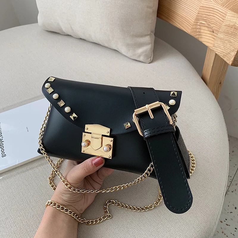 

Women Leather Rivet Fanny Pack Fashion Waist Belt Bag Mini Disco Waist Bag Women Small Shoulder Crossbody Bags Purse sac banane