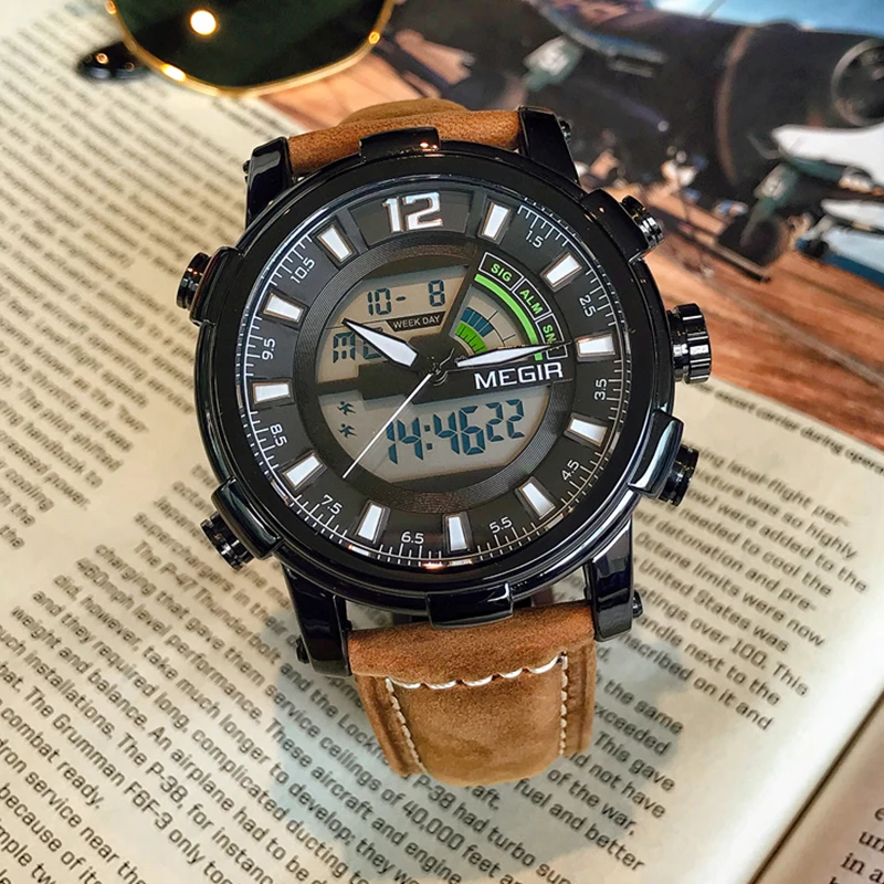  MEGIR Men's Digital Analog Quartz Wristwatches Dual Display Men Military Sport Watches Clock Hour R