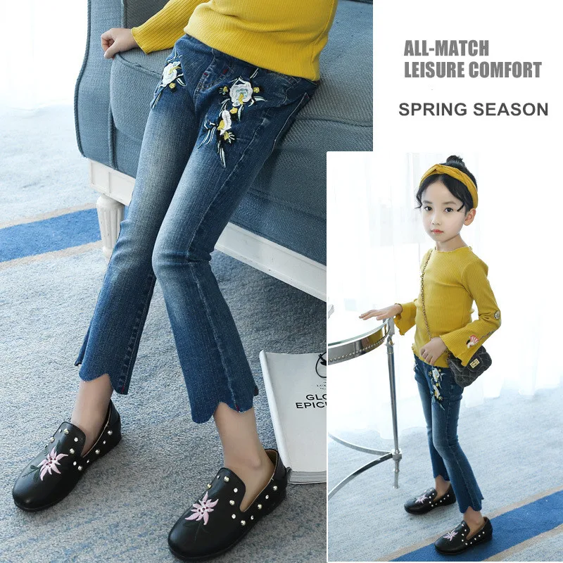 Kids Girls Flower Embroidery Blue Flared Jeans 10
