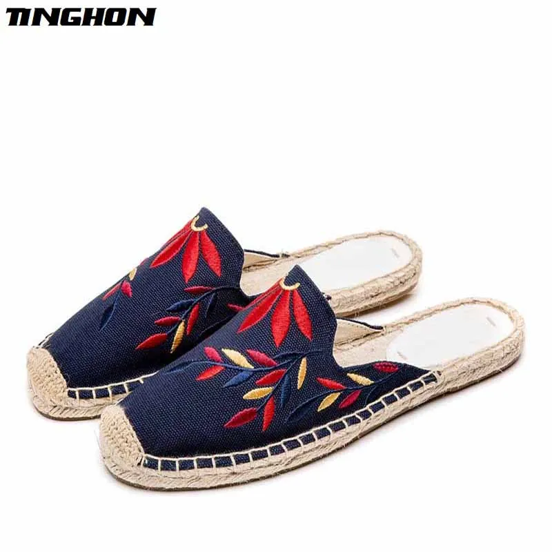 

TINGHON Fashion Women Ladies Espadrille Shoes Canvas Embroidered Color leaves Hemps Fisherman Flats Shoes