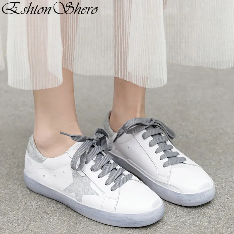 

EshtonShero Spring Women's Shoes Flats Woman Leather Flat Heels Round Toe Lace Up White Ladies Casual Women's Shoes Size 3-11
