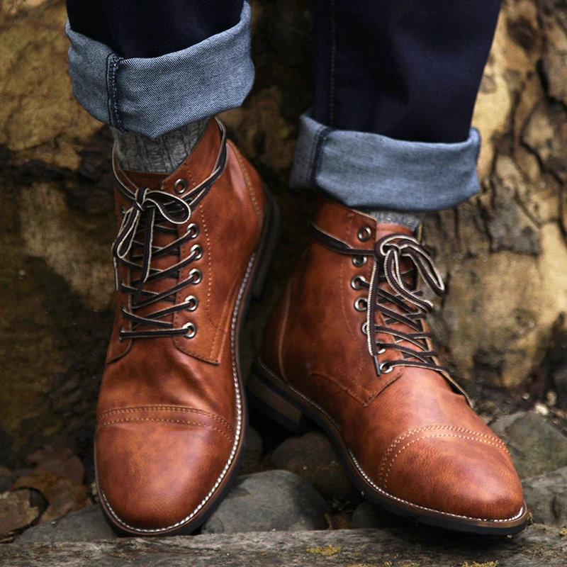 

High Quality Men's Vintage British Boots Autumn Winter Short Leather Boots Men Fashion High-Cut Lace-up Male Flats Shoes BRM-060
