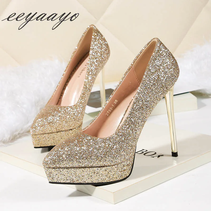 

2019 New Women Pumps High Thin Heel Pointed Toe Bling Bridal Wedding Women Platform Shoes Gold Sexy Ladies Female High Heels