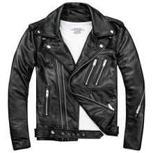 Black Men Biker's Leather Jacket Double Diagonal Zipper Genuine Thick Cowhide Slim Fit Short Motorcycle Coat