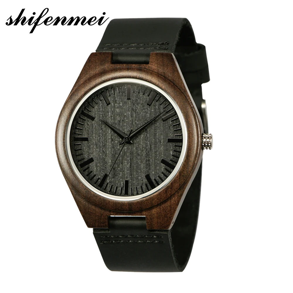 

SFMEI S5520 Mens Quartz Wooden Watches Black engraved Ebony Wood WristWatch Links Causal relogio masculino custom female