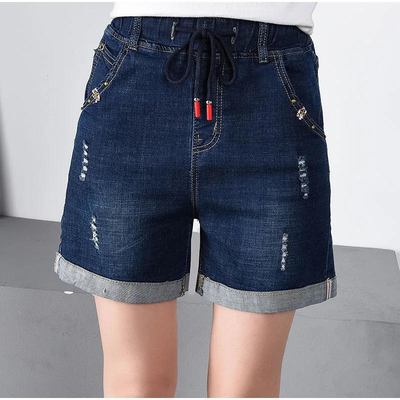 elastic waist rolled hem denim shorts