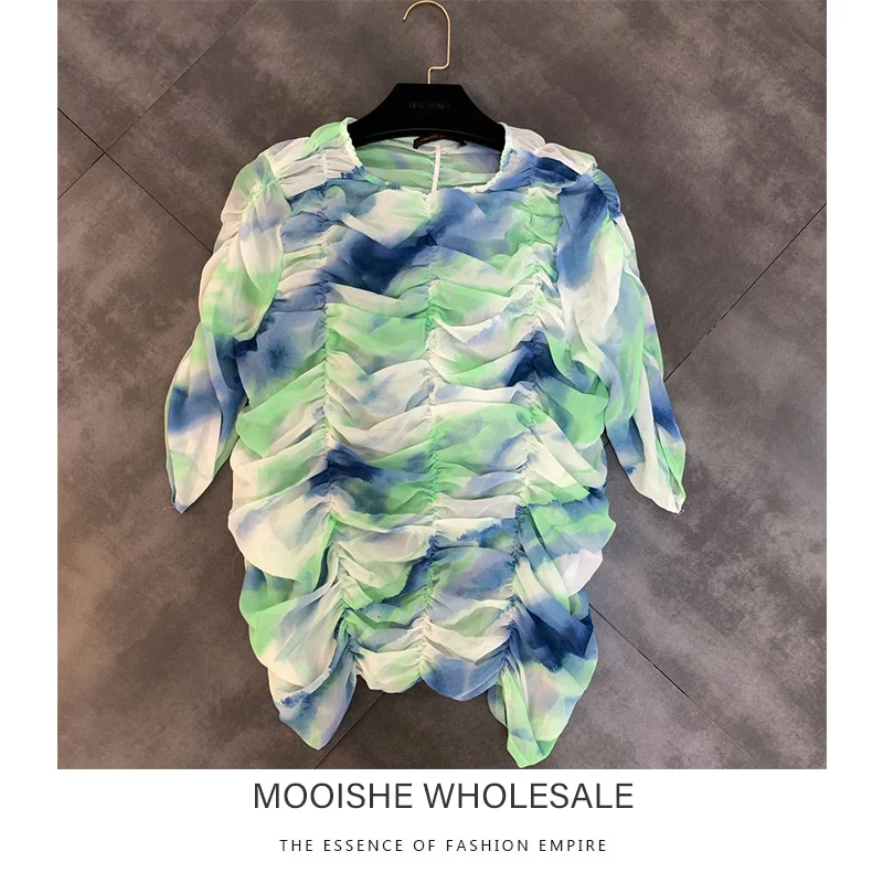 

2019 Summer New Round Neck Sleeve Cloud Dyed Elastic Ripple Small Woman Shirt Female Tops