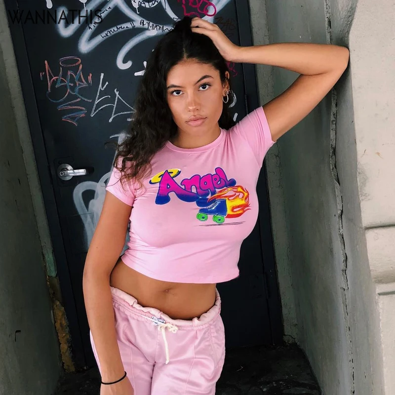 

WannaThis Cotton Shourt Sleeve Pink T-Shirt Cute Letter Printed Crop TopsO-Neck Sexy Casual Women Summer Tee Fashion Streetwear