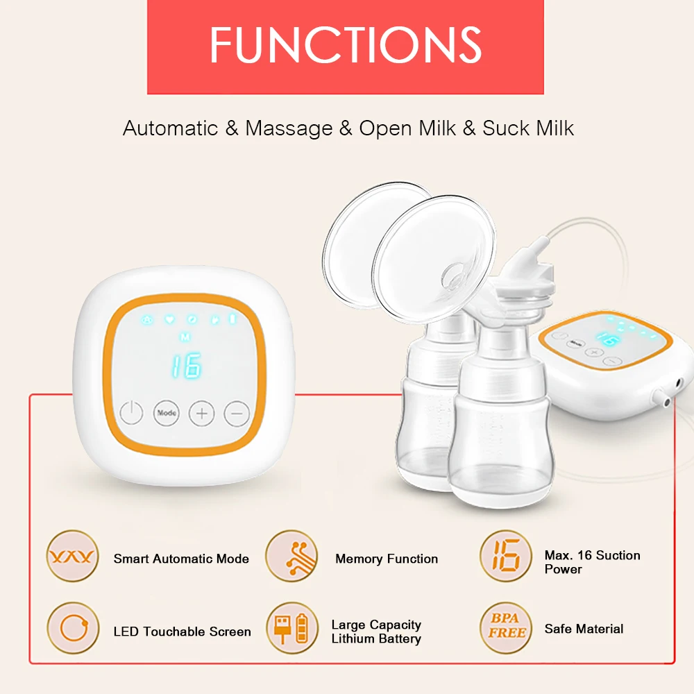 Портативный двойной Электрический молокоотсос 4 функции смарт-память комфорт Грудное вскармливание 2 бутылки 14 чувствительная к всасыванию сенсорная панель