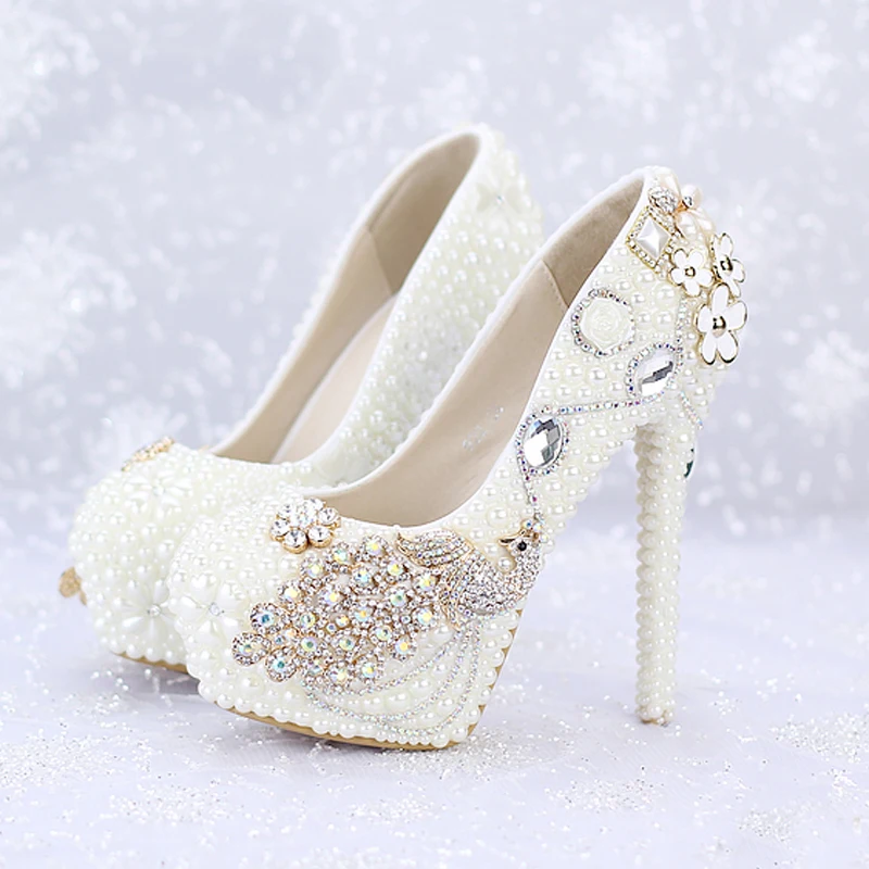 

Custom Made New Ivory Pearl Wedding Shoes Round Toe Platforms Phoenix Rhinestone Bridal Dress Shoes Banquet Prom Pumps