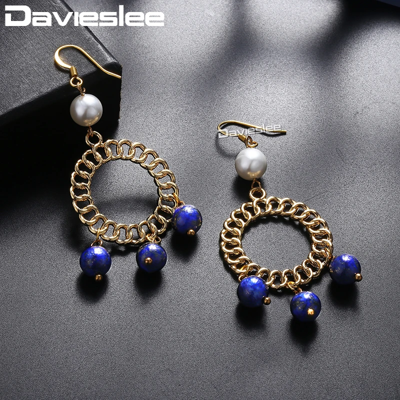 Davieslee Blue Stone Beaded Dangling Earrings For Women Gold Round