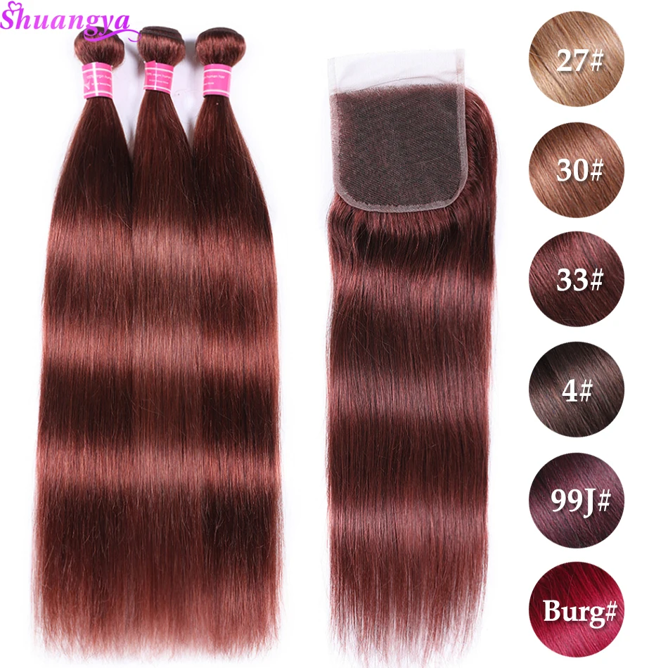 Shuangya Malaysian Straight Human Hair Bundles With Closure Burg# 33# 30# 99J# 27# 4# Color Remy Hair Bundles With Closure