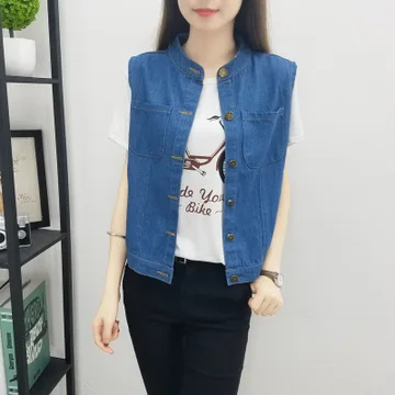 Large Size Bust 5XL Women's Jeans Vest Summer Thin Pure Blue Pocket Jacket Cardigan Sleeveless Female O-Neck Button Waistcoat - Цвет: Синий