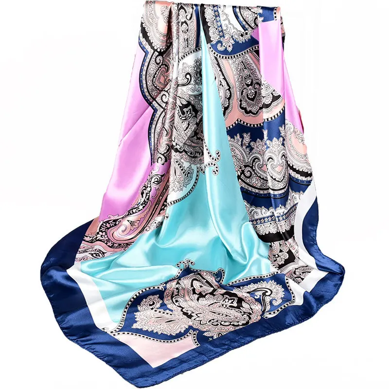 

Women Chinese Style Navy Blue Pink Silk Scarf Shawl Winter Brand Square Satin Scarves Wraps Spring Autumn Headscarves 90*90cm